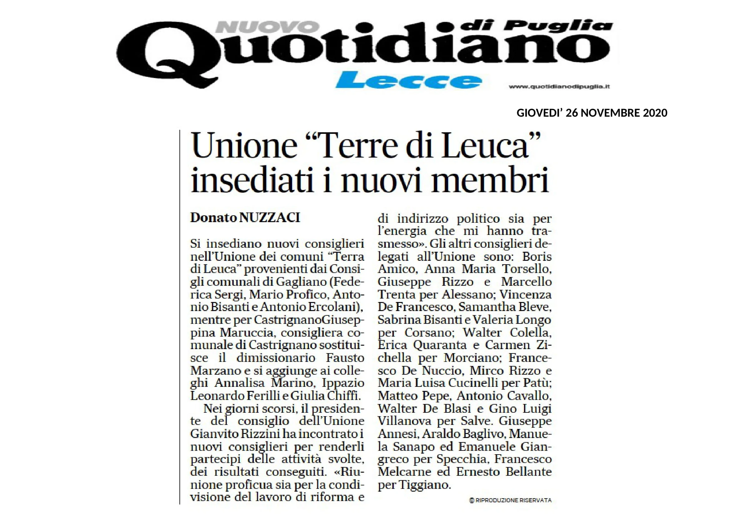 Immagine di Quotidiano di Puglia - Unione Terra di Leuca, insediati i nuovi membri